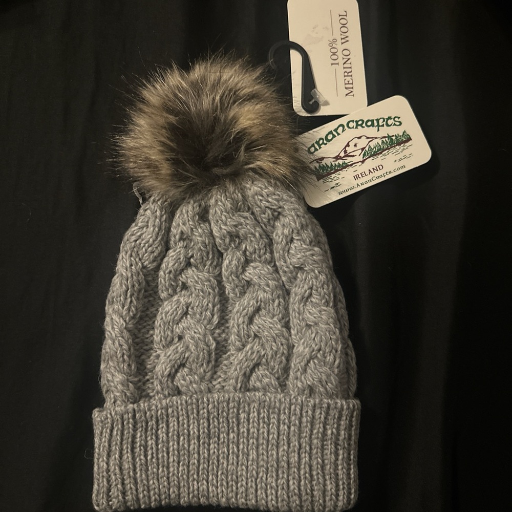 Aran Crafts Light Gray Cable Knit Beanie with Faux Fur Pom
